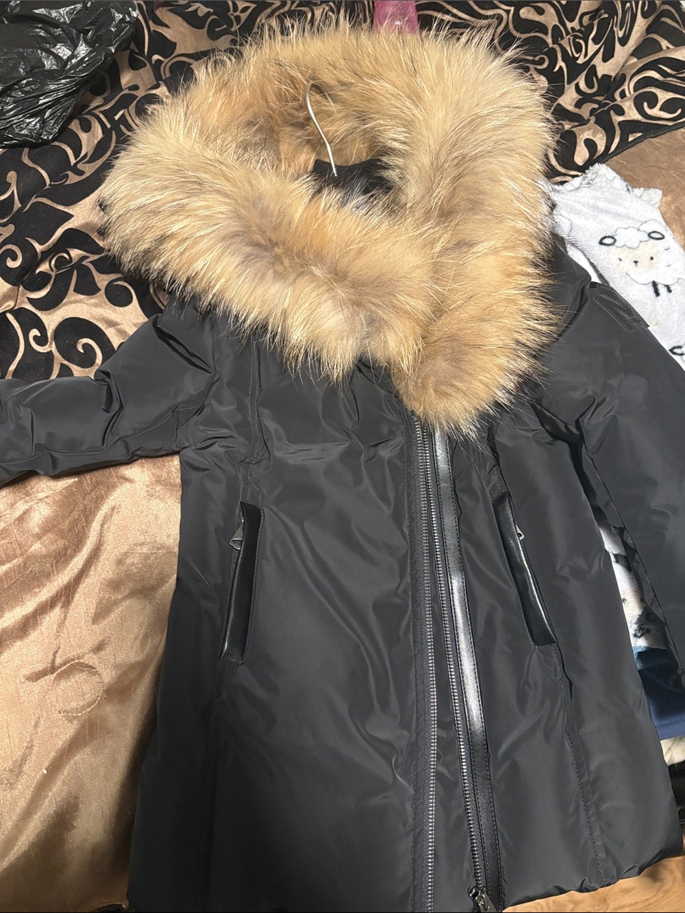 Mackage Kids Black Puffer Coat with Tan Faux Fur Hood Trim